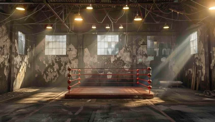 Tuinposter A boxing ring with ropes, a boxing bag, and lighting in an abandoned warehouse © Evandro
