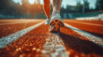 Zelfklevend Fotobehang Close-up of Athlete's Running Shoe on Starting Line of Track © Stanley