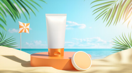 Fototapeta na wymiar Sunscreen Tube on Sunny Beach with Palm Leaves
