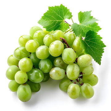 a bunch of green grapes with leaves on a white background