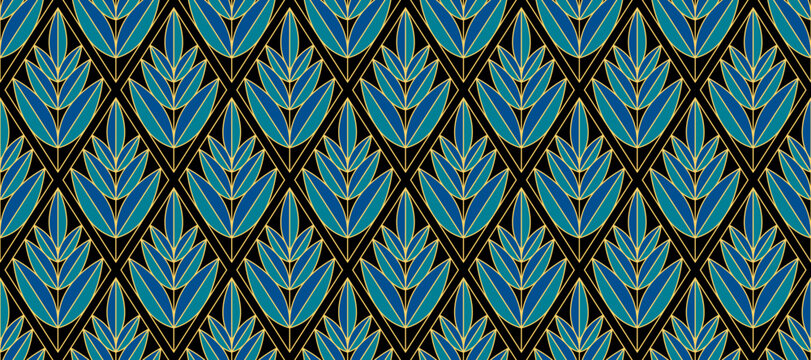 Retro art deco blue, green, gold seamless pattern. Repeated golden floral leaves motif. Vintage decorative texture for wallpaper, textile, fabric, print swatch. Vector elegant linear ornament backdrop