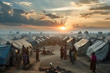 Refugee crisis: impact of war, climate change, political unrest, revealing the humanitarian catastrophe with hungry children seeking refuge amidst a global demographic crisis emigrants camp - obrazy, fototapety, plakaty