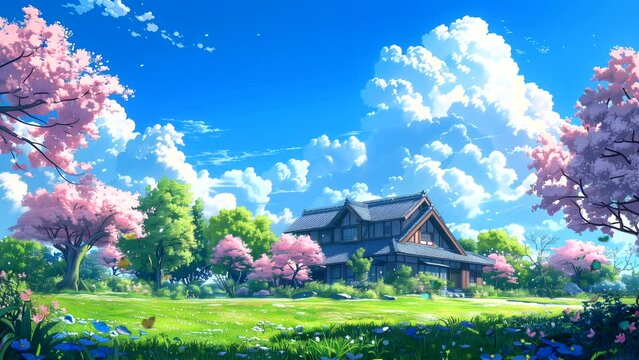 Housing in spring under the blue sky. seamless looping 4k time-lapse animation video background