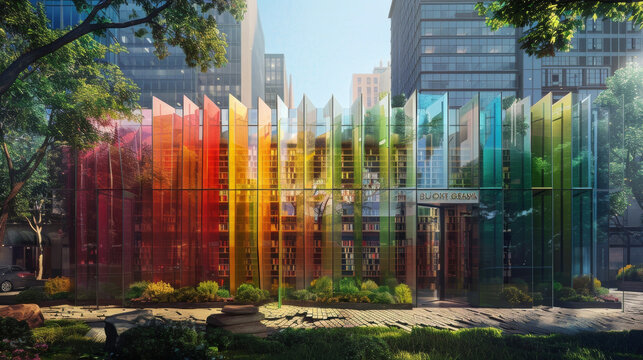 A rainbow of spines peek out from the transparent facade beckoning book lovers to step inside.