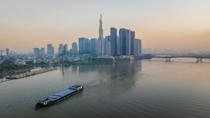 December 17, 2023: Panorama of District 1, Ho Chi Minh City, Vietnam in the early morning