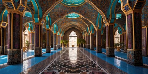 Within the mosque's walls, ornate arches and delicate calligraphy create an atmosphere of serenity and reverence, inviting worshippers to seek solace and connection - obrazy, fototapety, plakaty
