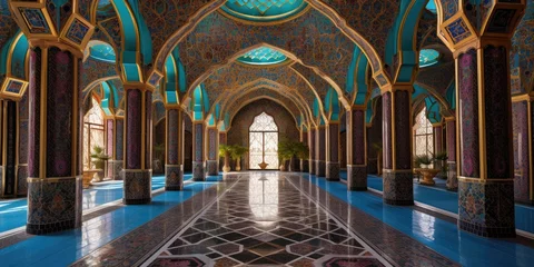 Fotobehang Within the mosque's walls, ornate arches and delicate calligraphy create an atmosphere of serenity and reverence, inviting worshippers to seek solace and connection © jambulart