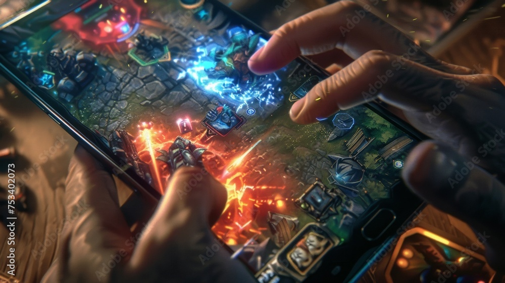 Poster a view of a players hands rapidly tapping on their mobile device screen each movement crucial in the