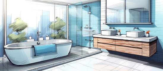 Bathroom design sketch illustration 2d - obrazy, fototapety, plakaty