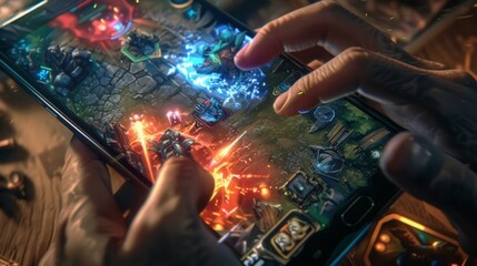 A view of a players hands rapidly tapping on their mobile device screen each movement crucial in their quest for victory in League of Mobile Masters.