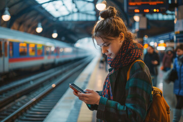 A Young woman standing on the platform of a train station consulting the mobile phone - Powered by Adobe