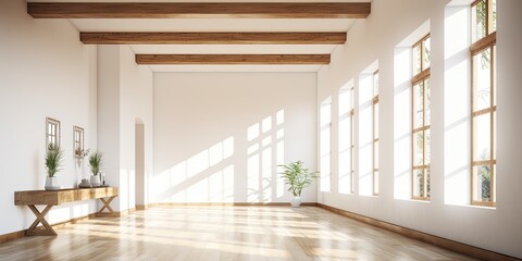Obraz premium Modern house with white walls, wooden beams, windows, and an empty long hallway.