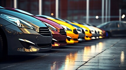 A row of luxury cars in various colors is displayed in a showroom, with focus on a red vehicle's front side and wheel - obrazy, fototapety, plakaty