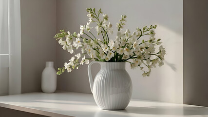 Fototapeta na wymiar home interior with white flowers in a vase on a light background for product display