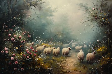 sheep in the field oil painting vintage farmhouse style  wall art