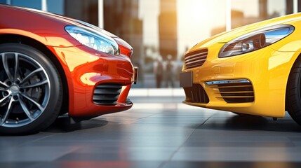 Low angle view of sleek cars parked on a city street, with the focus on the red car's alloy wheel, showcasing urban life and luxury - obrazy, fototapety, plakaty