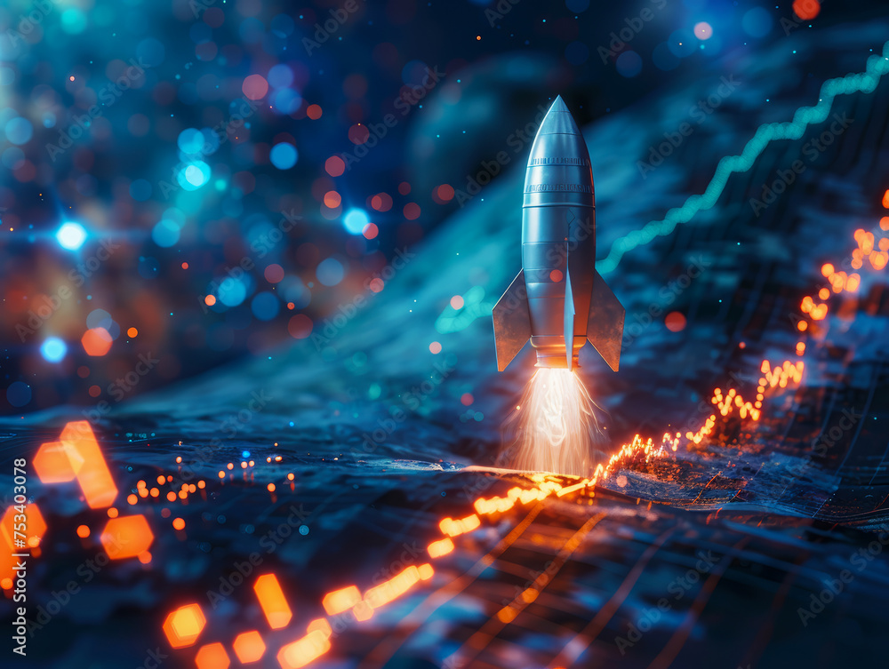 Poster abstract rocket launch and upward graph: business development concept