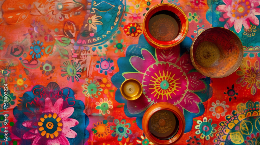 Poster a colorful and festive tablecloth featuring traditional motifs and colors adding to the joyful and c
