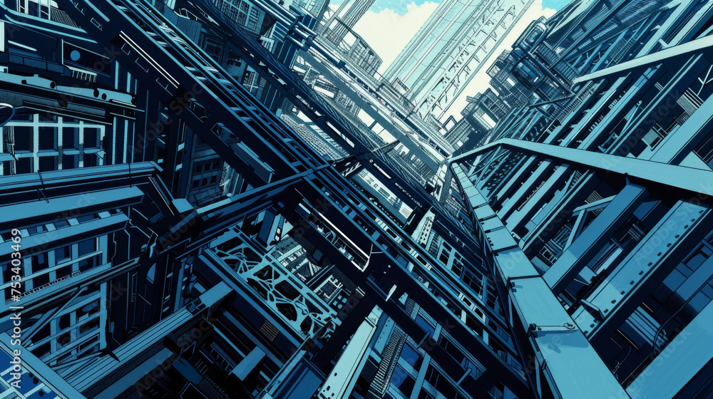 Poster the intricate network of steel beams and supports of a towering skyser are on full display showcasin