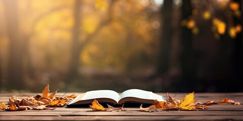 Autumn leaves falling on wooden table, open book in park with space to copy.