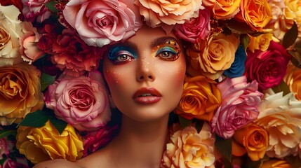 Colorful Rose Headpiece on Beautiful Woman, To showcase a unique and artistic beauty look featuring colorful eye makeup and a floral headpiece,