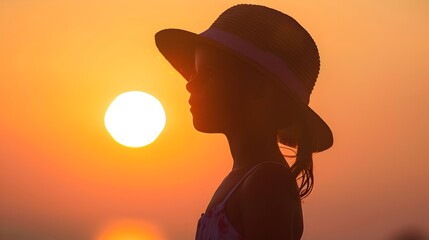 Girl in Hat Looking at Sunset, To convey a sense of peaceful evening tranquility and youthful adventure - obrazy, fototapety, plakaty