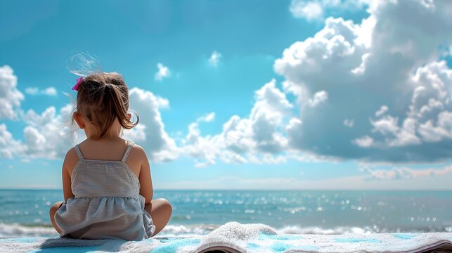 A young girl in meditation at the beach, To convey a sense of peace, tranquility, and mindfulness through the image of a young girl meditating on the