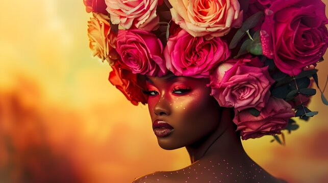 Black Woman with Rose Headdress and Glowing Skin, To convey a sense of beauty, wonder, and opulence through a striking image of an African American