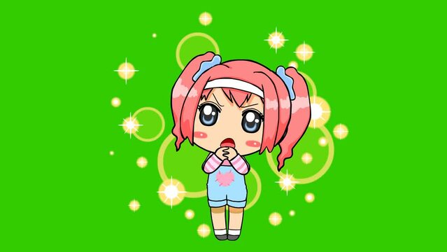 impressed animation cute girl on green screen