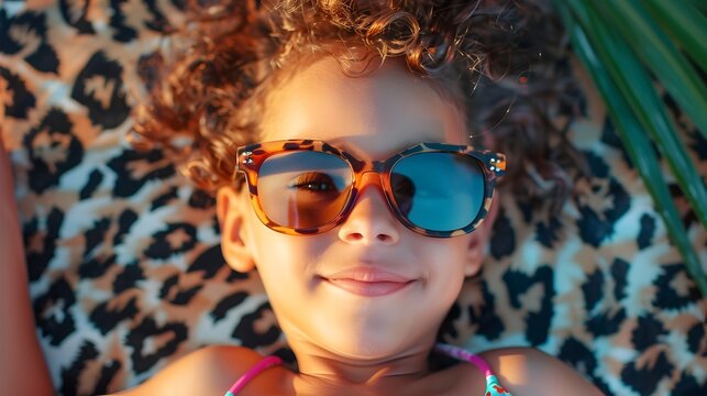 Curly Haired Girl in Sunglasses on Leopard Print, An eye-catching, high-resolution image of a cute little girl embracing summer fun, perfect for