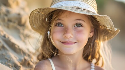 Sunny Smiling Girl in Straw Hat on Beach, To capture the joy and happiness of a young girl on a...