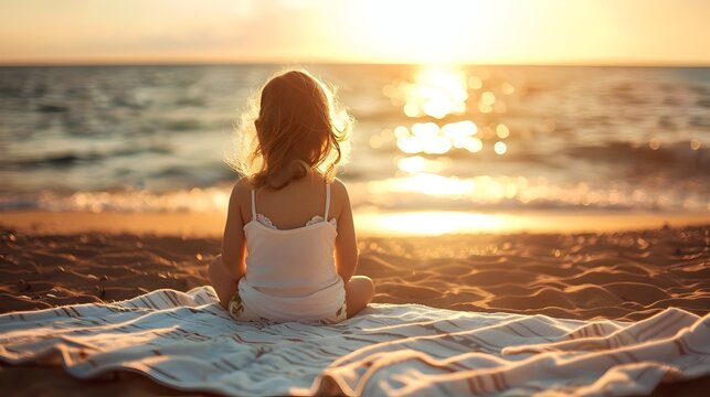 Little Girl Sitting on Beach at Sunset in Style of Perfectionism, To convey a sense of tranquility and joy of a little girl enjoying the sunset on