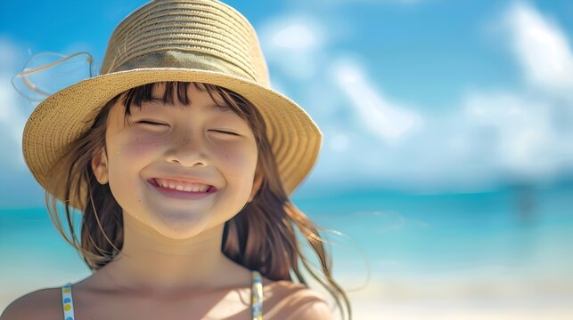 Summer Bliss Children Smiling on a Japanese-Inspired Beach, To convey a sense of happiness, tranquility, and cultural appreciation during the summer