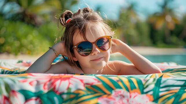 Summer Fun with Sunglasses on the Beach, To showcase the fun and excitement of a summer day spent at the beach or pool, with a focus on the quirky