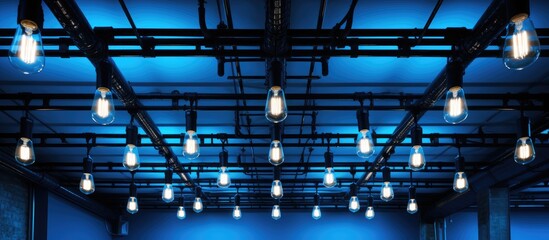 Creative blue ceiling with lamps arranged in longitudinal and transverse lines for industrial and commercial spaces