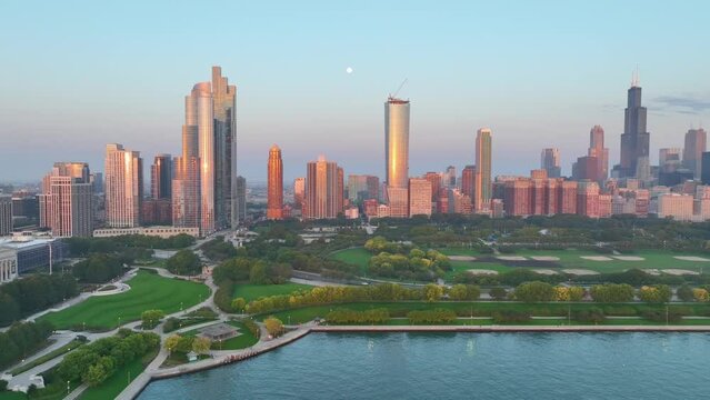 Aerial Golden Hour Glow on Chicago Skyline and Lake Michigan