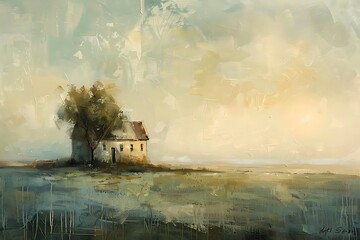 landscape cottage in flower field in the countryside moody vintage farmhouse style wall art or painting - obrazy, fototapety, plakaty
