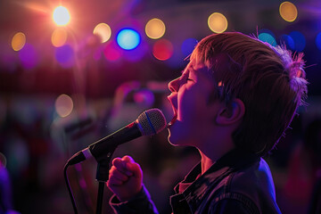 Boy kid singing with a mic - obrazy, fototapety, plakaty