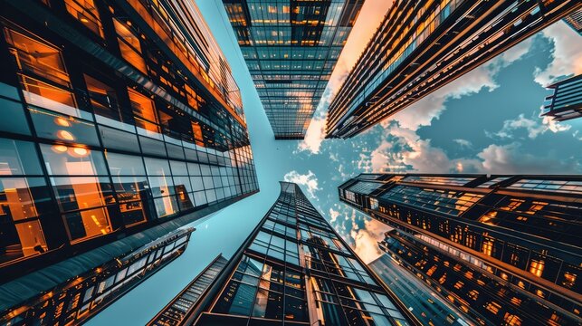 Low angle view of skyscrapers. Skyscrapers at blue sky looking up perspective. Bottom view of modern skyscrapers in business district in evening light at sunset. Generative Ai