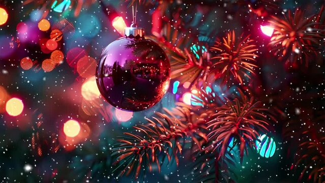 Glass balls with Christmas tree branches. Falling snowflakes. Сhristmas atmosphere. Noel. Christmas tree. Looped snow. Generative AI.