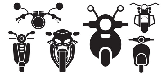 front view of various types of motorbikes. Motorcycle icons set in black color. Stock vector.