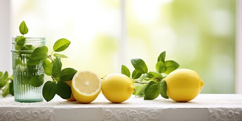 Marble board with lemons and mint by kitchen window.