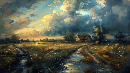 landscape cottage in flower field in the countryside moody vintage farmhouse style wall art or painting