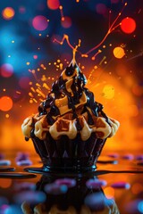 Waffles with chocolate in top with explosion of lights and colors on the background