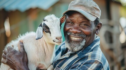 A man from Africa tending to a goat in his natural habitat against a blurry wooden backdrop, Generative AI.