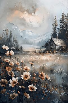 landscape cottage in flower field in the countryside moody vintage farmhouse style wall art or painting