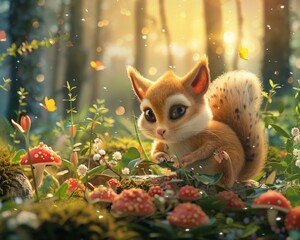 A whimsical digital illustration of a squirrel-like fantasy creature with large, captivating eyes surrounded by a mystical, sunlit forest and colorful mushrooms.