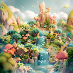 A 3D illustration of a miniature fantasy world featuring lush greenery, whimsical trees, and a magical waterfall, all in a dreamlike vibrant setting.