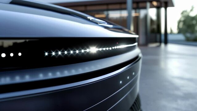 The camera lingers on the front grille of a car showing a series of tiny sensors and cameras that make up the 360Degree Camera System providing drivers with a comprehensive