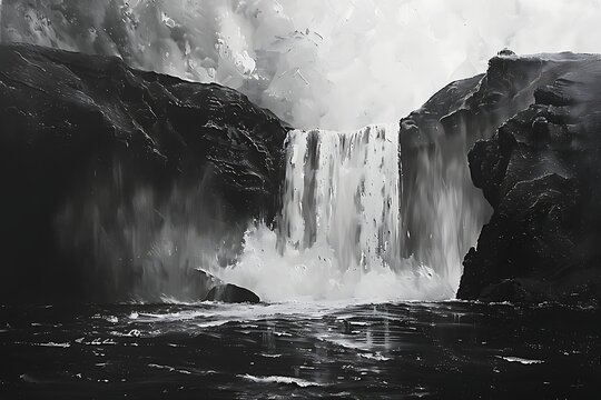 Dark ink black and white in waterfall painting  for wall art and home decor, digital artwork